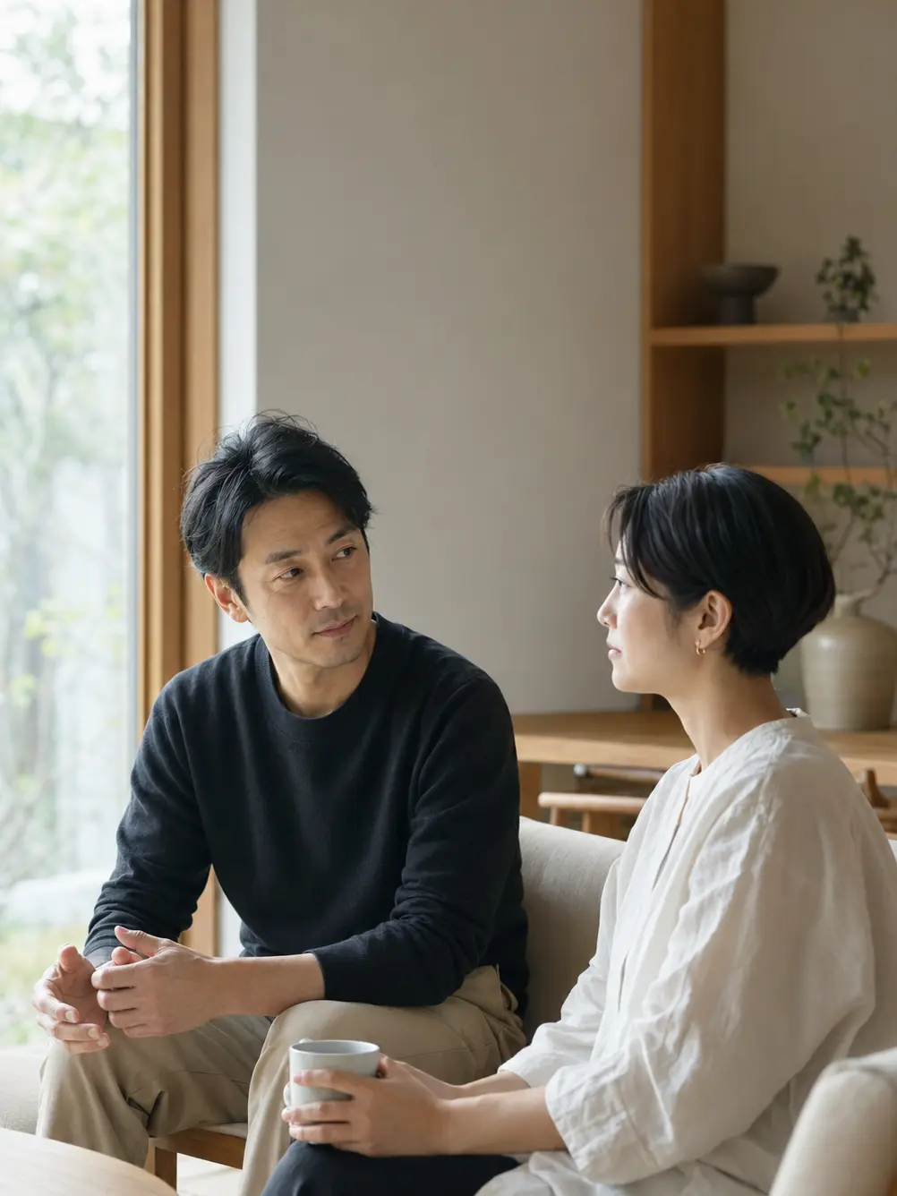 窓辺でそれぞれの考えに静かに向き合う二人
